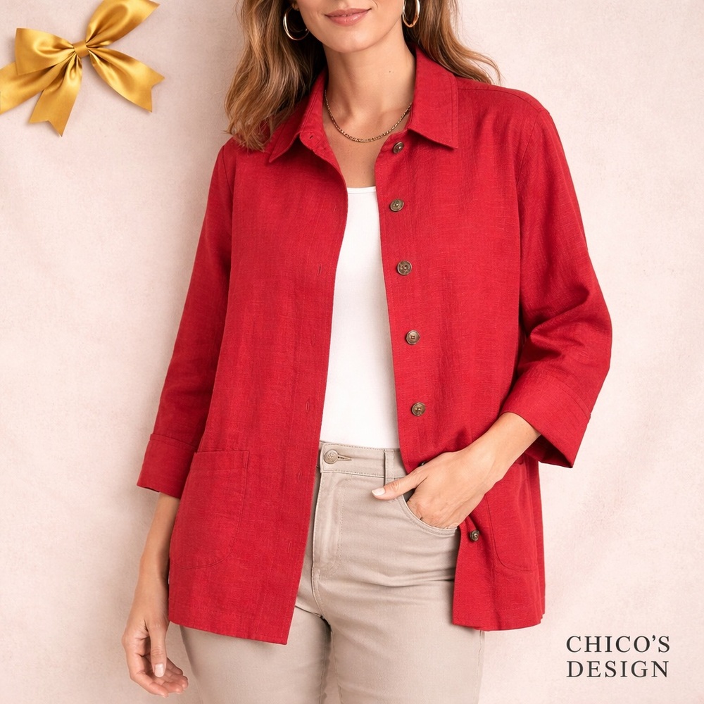 Chico’s Design Silk Linen Red Button Front Shirt Jacket Size 3